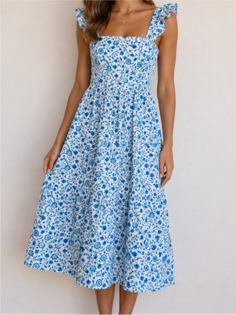Draper James Blue and White Floral Midi Dress with Square Neck